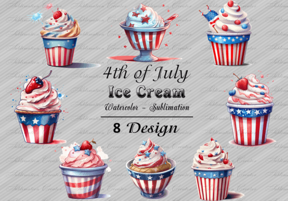 4th of July Ice Cream Cup Watercolor PNG