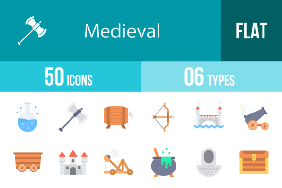 50 Medieval Flat Multicolor Icons