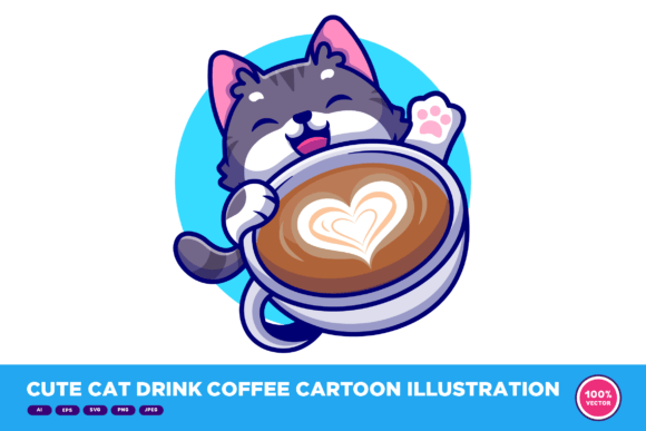 Cute Cat Drink Coffee Cartoon